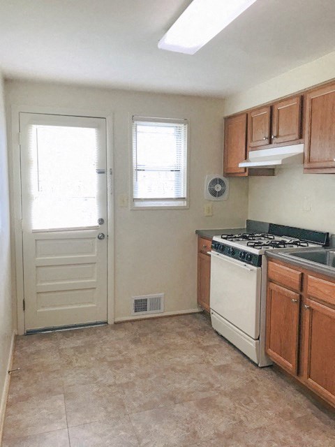 Kitchen with a stove a sink and a door at Hyde Park Apartments*, Essex, 21221